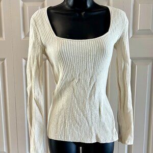 Open Edit Ribbed Square Neck Sweater - Cream, Size Small